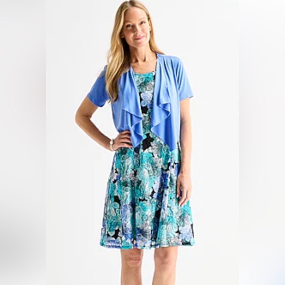 Perceptions Floral Dress with Periwinkle  Cardigan Sz L NWT